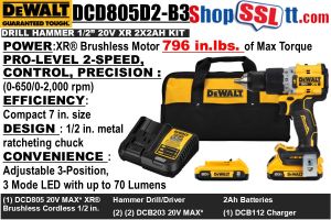 DRILL HAM 1/2"796# XR 20V 2X2AH BL 2SPD DCD805D2-B3