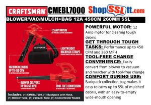BLOWER/VACUUM/MULCHER 12A 450CFM 260MPH 55L COLLECTION BAG CORDED CRAFTSMAN