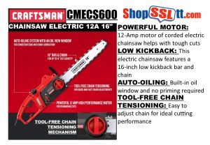 CHAINSAW ELECTRIC 12A 16" CORDED TOOLFREE CHAIN TENSION CRAFTSMAN