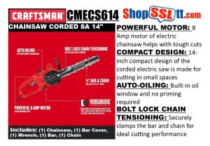 CHAINSAW CORDED 8A 14" TOOL FREE CHAIN TENSION CORDED CRAFTSMAN