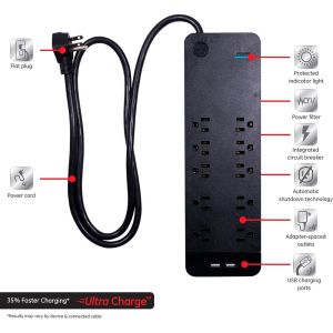 SURGE PROTECTR 10OUT+2USB BLK 3'CRD 2A 3540J 1800W