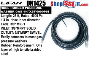 HOSE RUBBER PRESSURE WASHER GAS 1/4"X25'4000PSI 3/8"MNPT X 3/8" MNPT SWIVEL DN1425