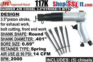 HAMMER AIR+5 CHISEL 3.5"STROKE 2000BPM 14CFM@90 PSI .401"SHANK 1/4"NPTF