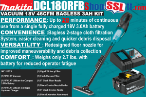 VACUUM 18V 46CFM 3AH BAGLESS	1.3PINT(650ML) 3.6KPA 40"