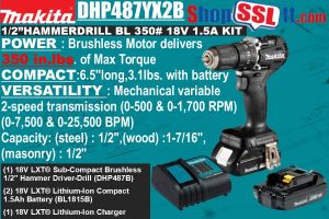 DRILL 1/2" HAMMER 350# 18V BL KIT 2X1.5AH 410W 1700RPM