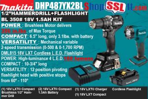 DRILL 1/2"HAMMER 350#18V BL 1.5AH X 2 +DML815 LIGHT 160L