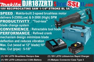 SAW RECIPROCATING 1-1/4"STROKE 18V BL 5AH + MAKPAC CASE VARSPEED