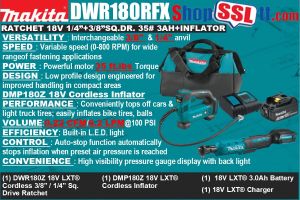 RATCHET 3/8"+1/4"35# 18V SQ.DR.+INFLATOR 120PSI 2.6GPM 3AH KIT