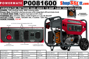 GENERATOR PM7500W/6000W GAS 420CC 12.6HP 14HR 120/220V AC RECOIL