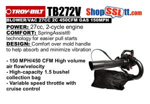 BLOWER LEAF/VACUUM GAS 27CC 2CYC 450CFM 150MPH 1.5-BUSHEL BAG TROY-BILT